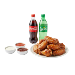 20 Wings with 3 sauces plus 2 L pop